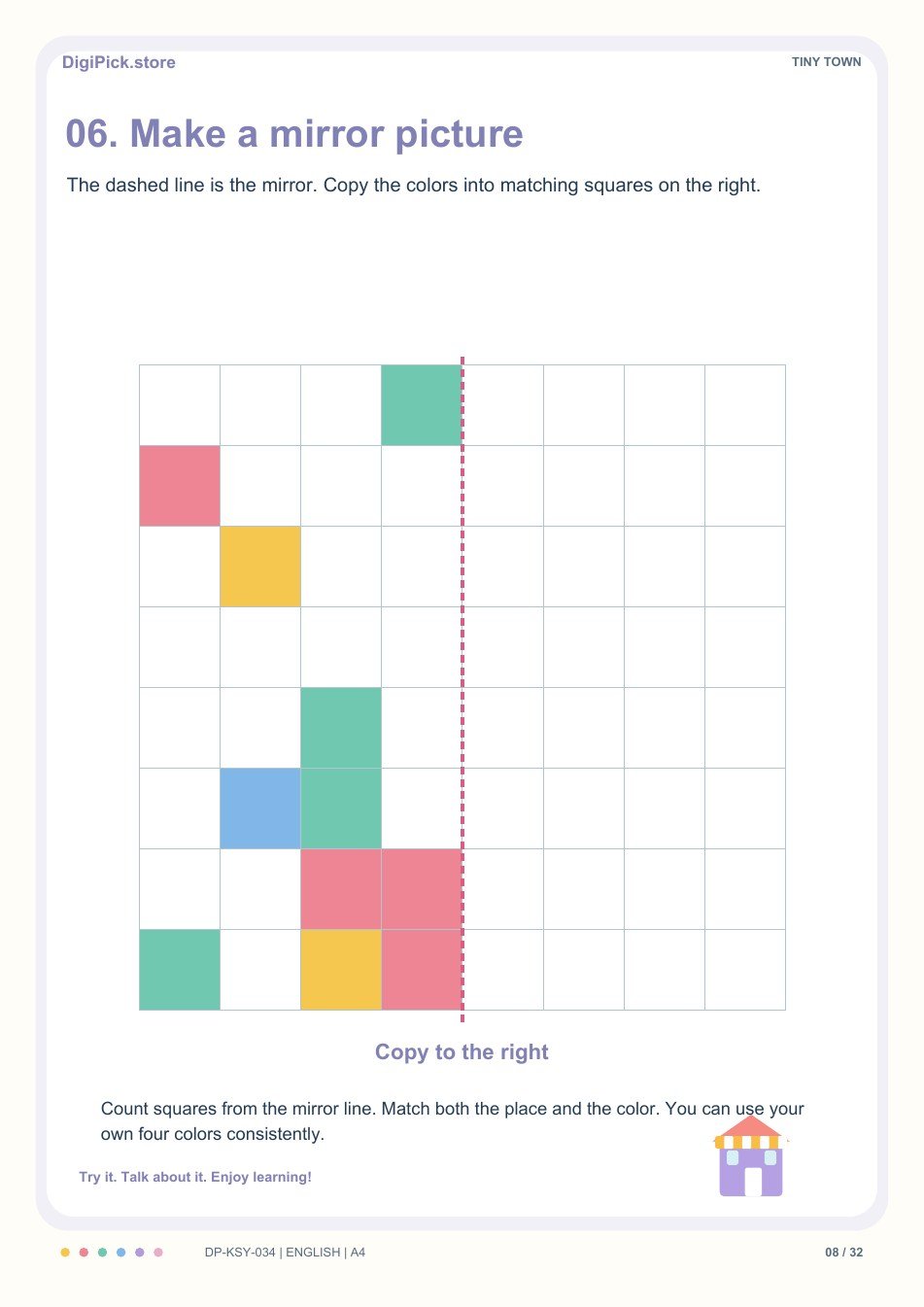Tiny Town mirror drawing activity, PDF page 8: Reflect 11 colored squares across the vertical mirror line on an 8 by 8 grid.