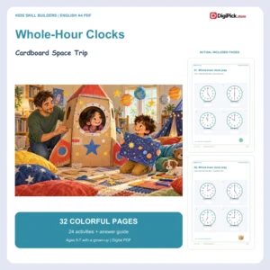 Cardboard Space Trip telling time to the hour worksheets - 32-page English A4 PDF cover and real page previews