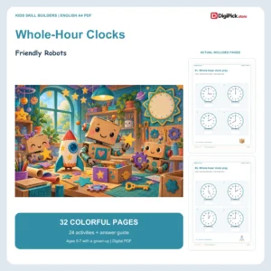 Friendly Robots telling time to the hour worksheets - 32-page English A4 PDF cover and real page previews