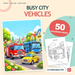 Busy City Vehicles - 50 Coloring Pages (A4 PDF) - original DigiPick digital product cover