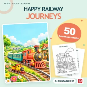 Happy Railway Journeys - 50 Coloring Pages (A4 PDF) - original DigiPick digital product cover