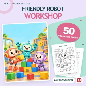 Friendly Robot Workshop - 50 Coloring Pages (A4 PDF) - original DigiPick digital product cover