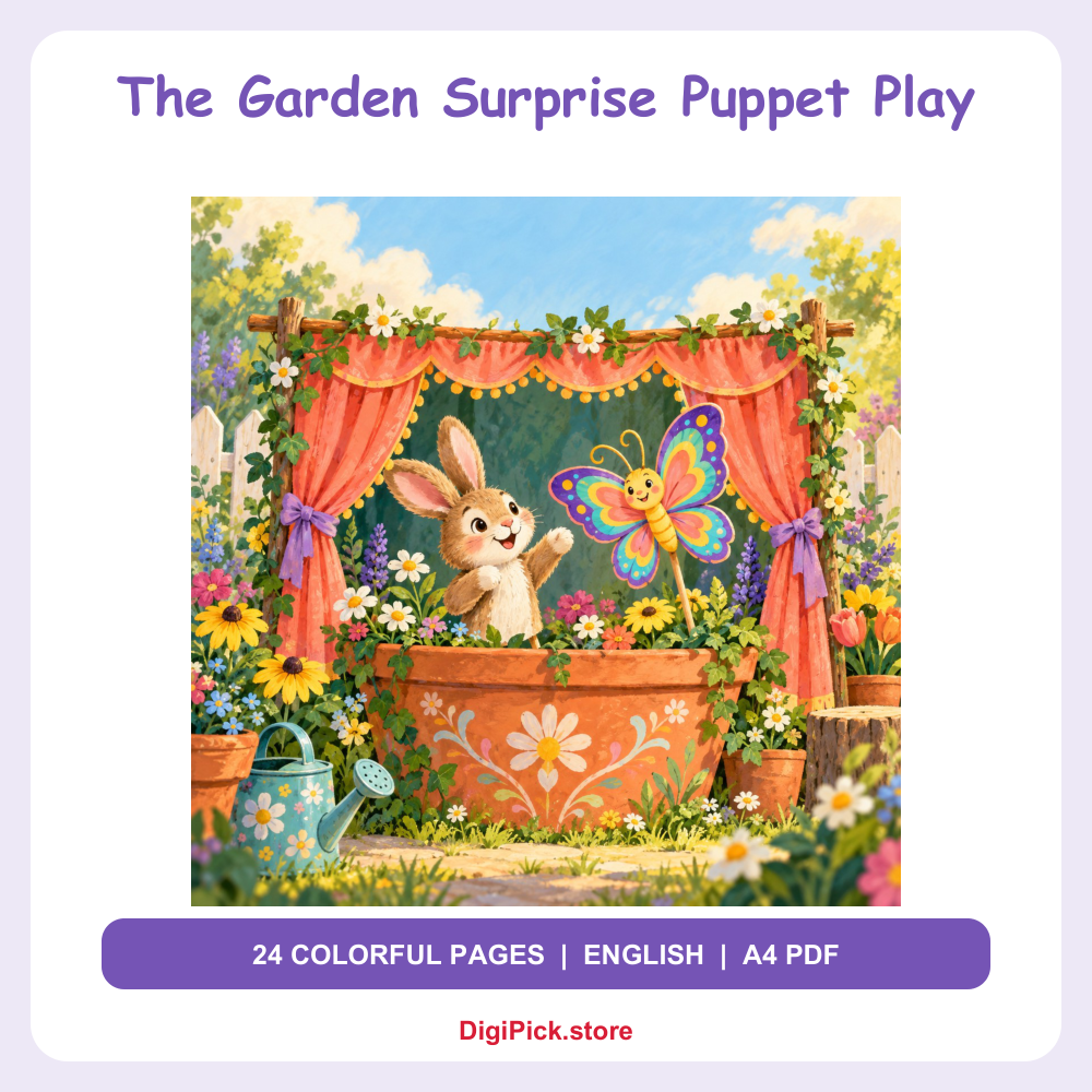 The Garden Surprise Puppet Play - Colorful English A4 PDF - original DigiPick digital product cover