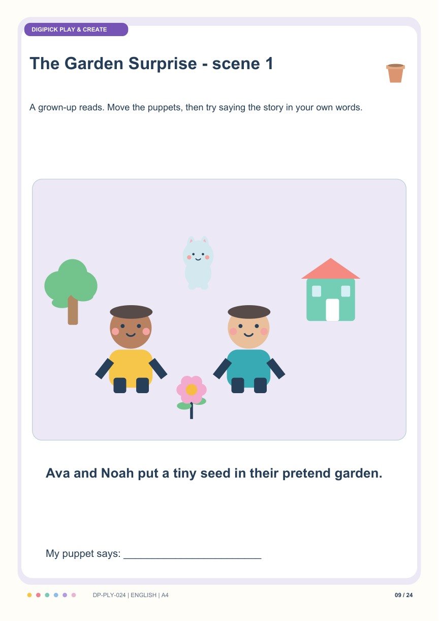 The Garden Surprise Puppet Play - Colorful English A4 PDF - actual included file preview