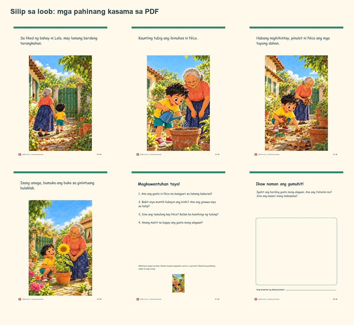 Si Nico at ang Hardin ng Munting Himala - 50-Page Filipino Storybook (A4 PDF) - actual included file preview
