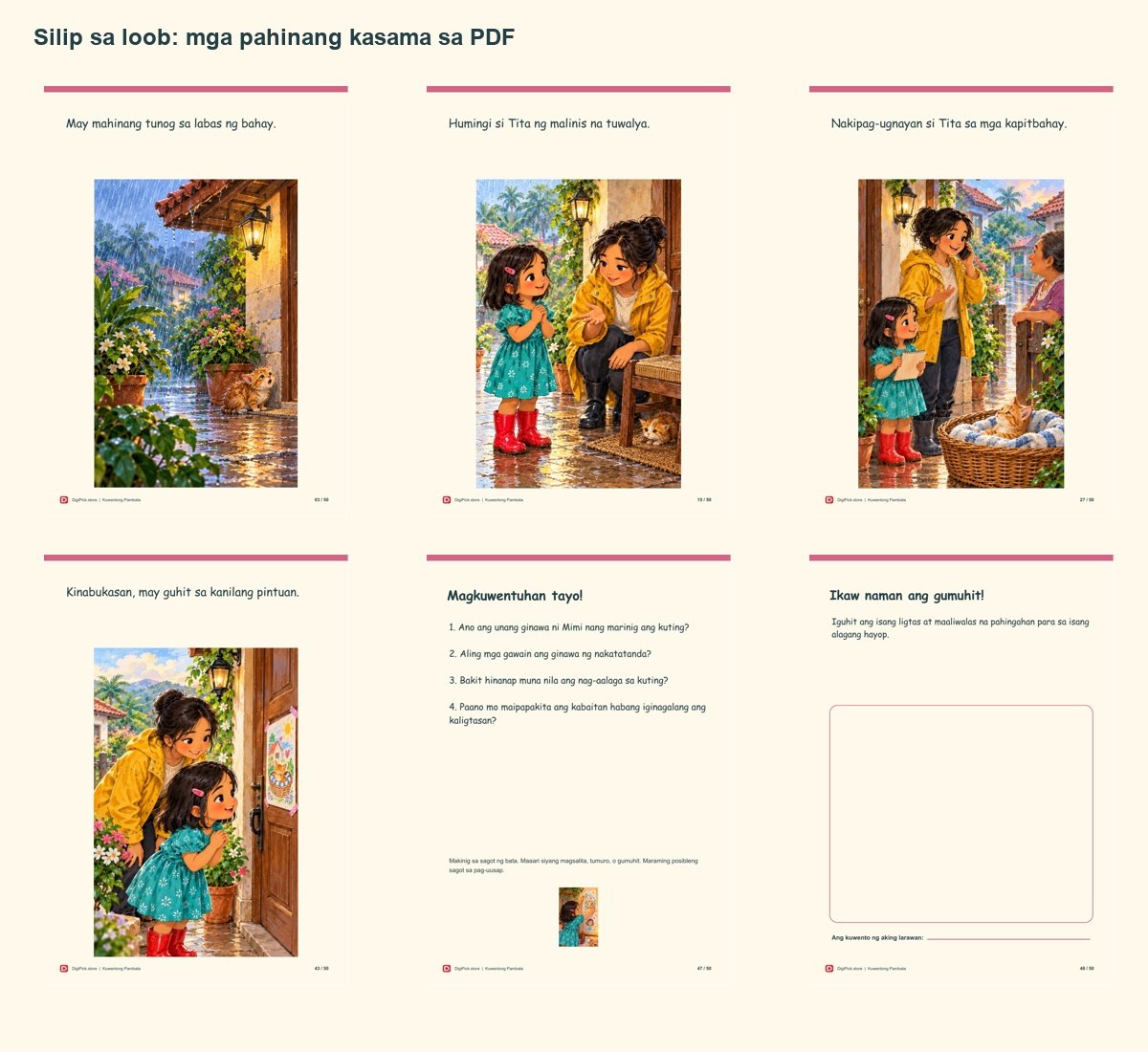 Si Mimi at ang Kuting Basa sa Ulan - 50-Page Filipino Storybook (A4 PDF) - actual included file preview