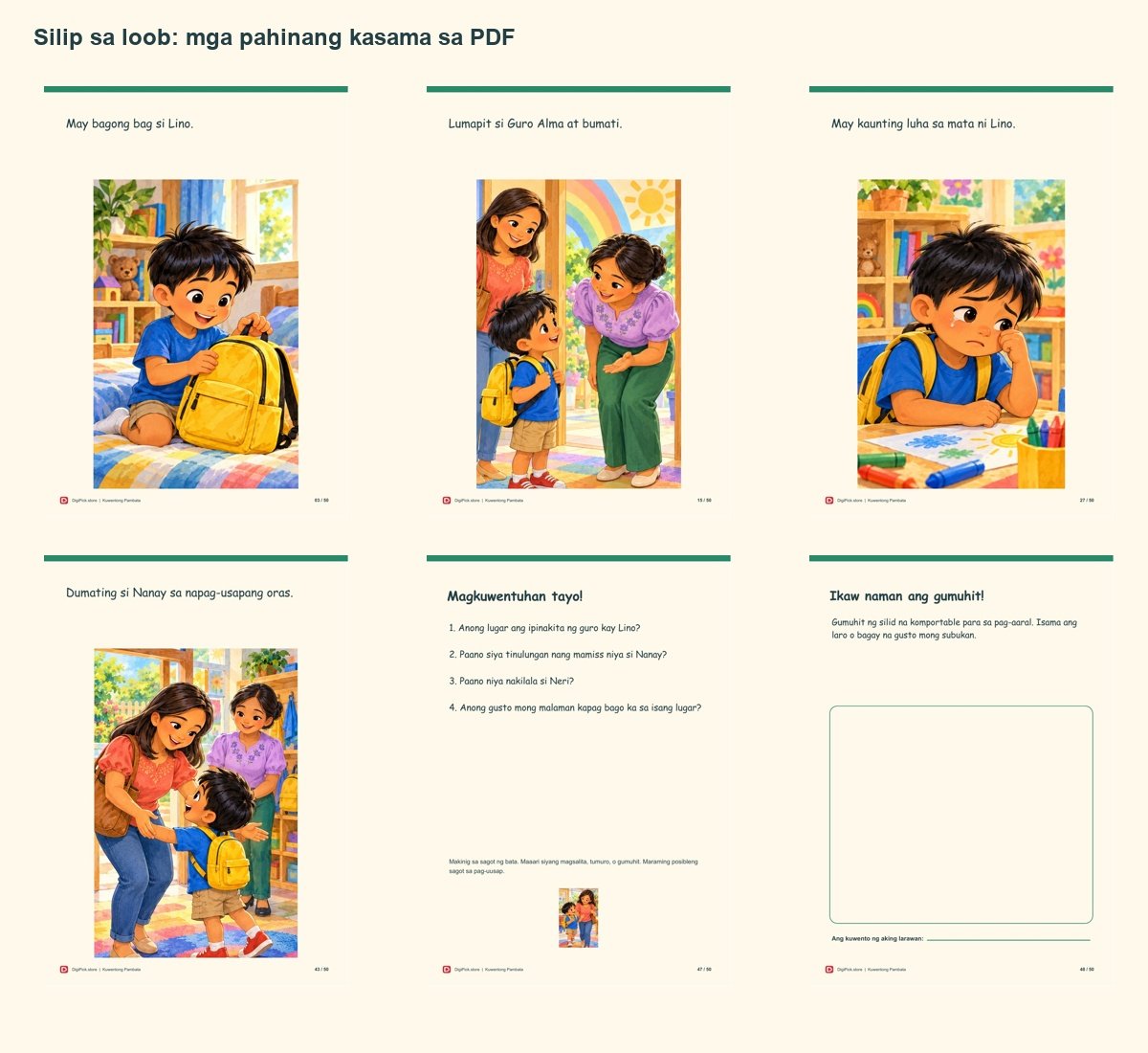 Si Lino at ang Unang Araw sa Paaralan - 50-Page Filipino Storybook (A4 PDF) - actual included file preview