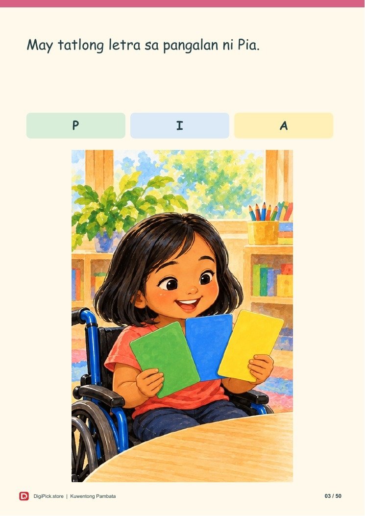 Si Pia at ang Nawawalang Letra - 50-Page Filipino Storybook (A4 PDF) - actual included file preview
