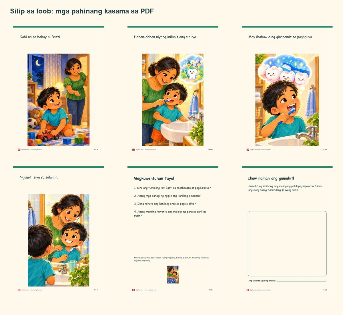 Si Basti at ang Pakikipagsapalaran ng Sipilyo - 50-Page Filipino Storybook (A4 PDF) - actual included file preview