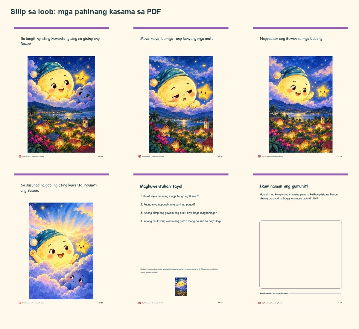 Ang Gabing Ayaw Matulog ng Buwan - 50-Page Filipino Storybook (A4 PDF) - actual included file preview
