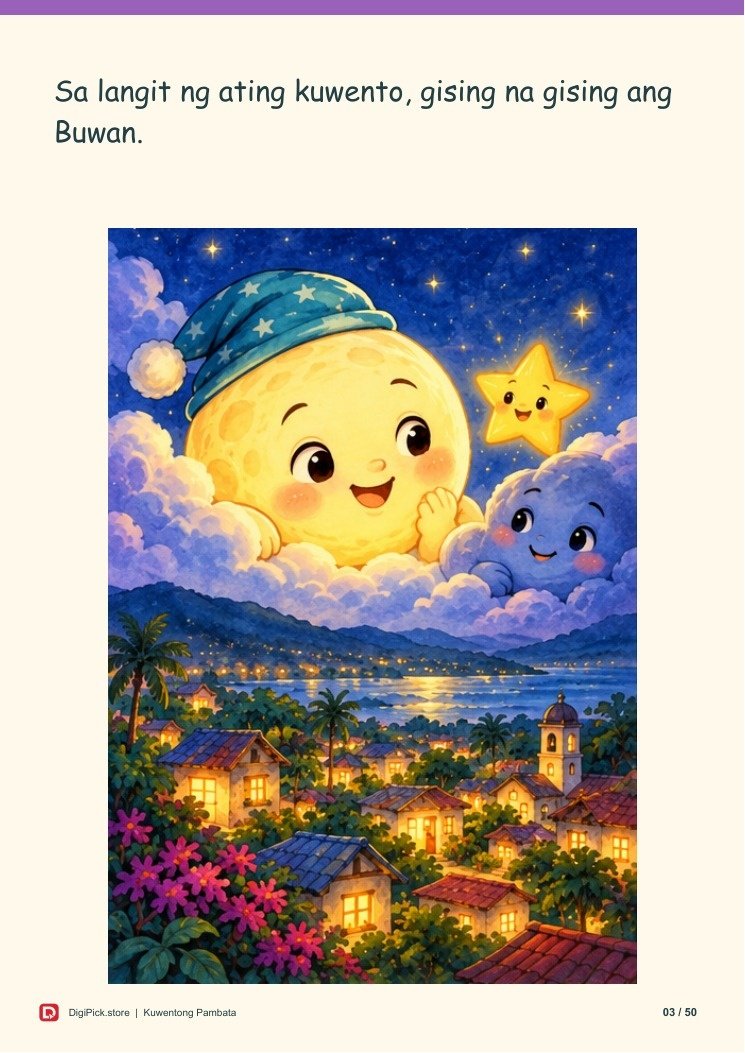 Ang Gabing Ayaw Matulog ng Buwan - 50-Page Filipino Storybook (A4 PDF) - actual included file preview