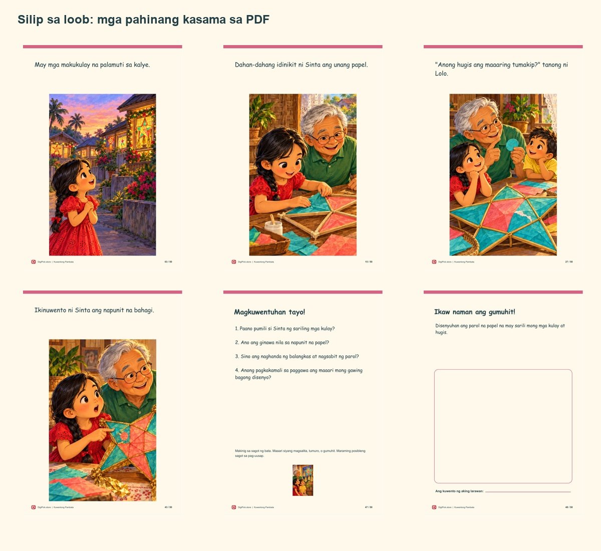 Si Sinta at ang Parol na Gawa sa Papel - 50-Page Filipino Storybook (A4 PDF) - actual included file preview