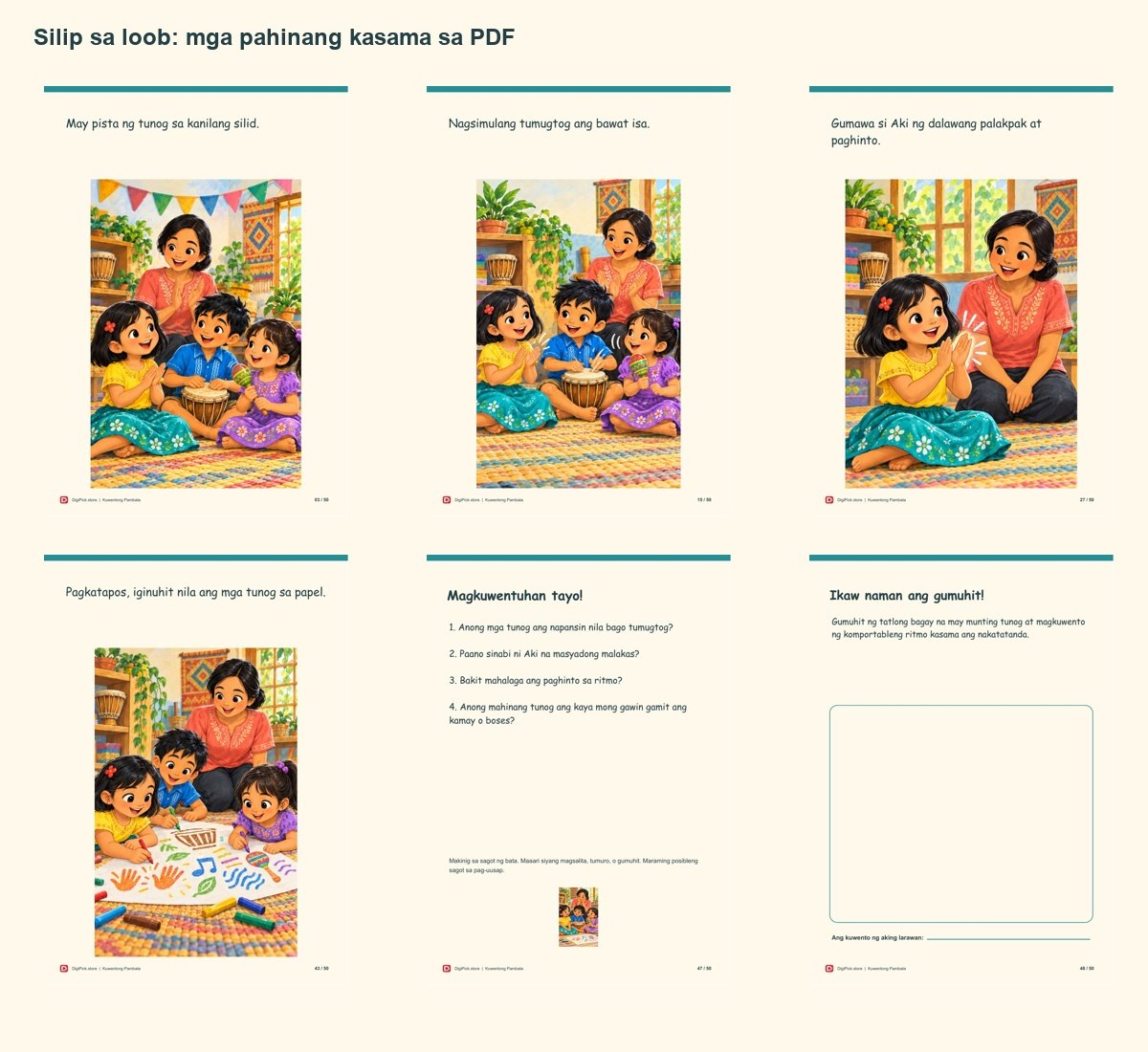 Ang Pista ng mga Munting Tunog - 50-Page Filipino Storybook (A4 PDF) - actual included file preview