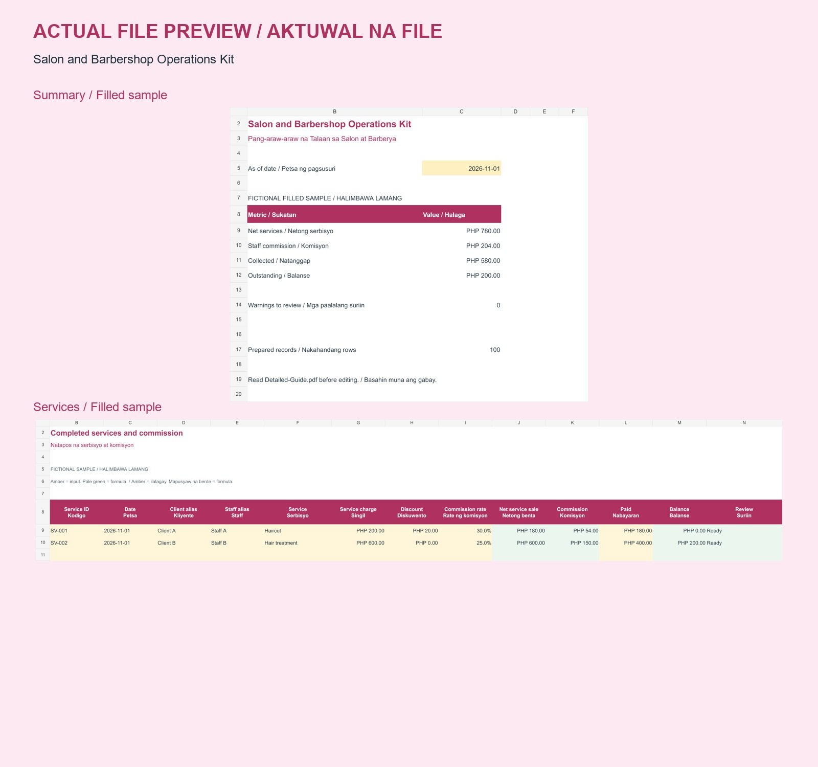 Salon and Barbershop Operations Kit — English + Filipino - actual included file preview