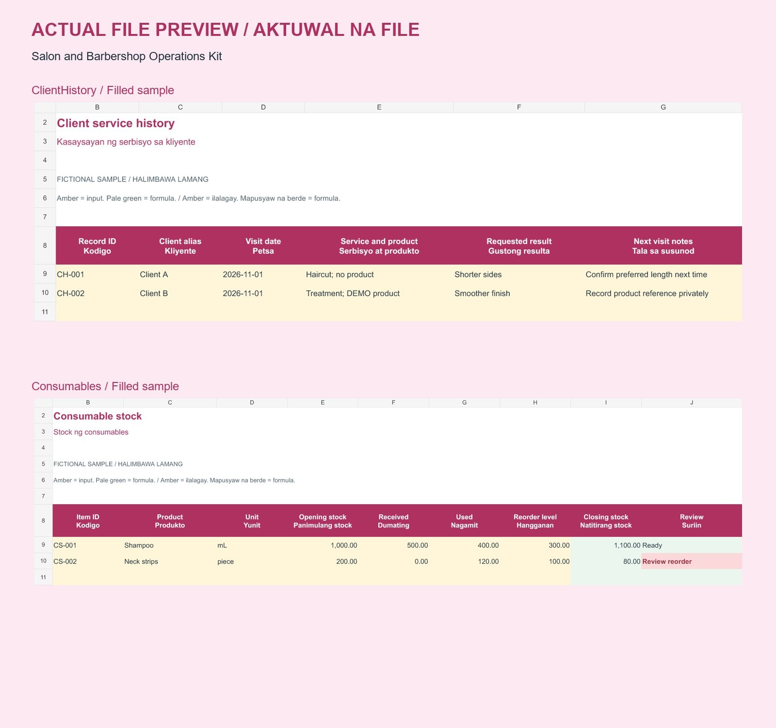 Salon and Barbershop Operations Kit — English + Filipino - actual included file preview