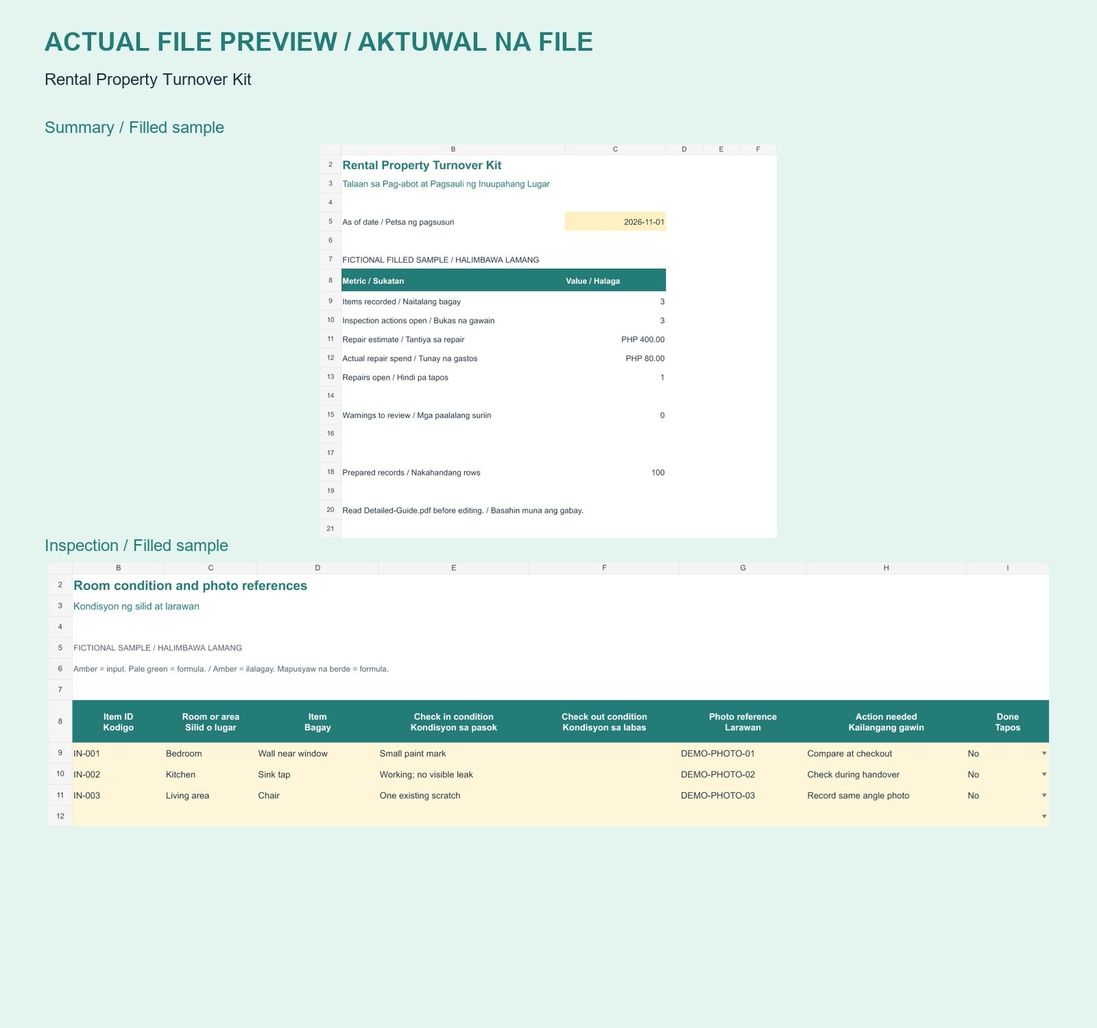 Rental Property Turnover Kit — English + Filipino - actual included file preview