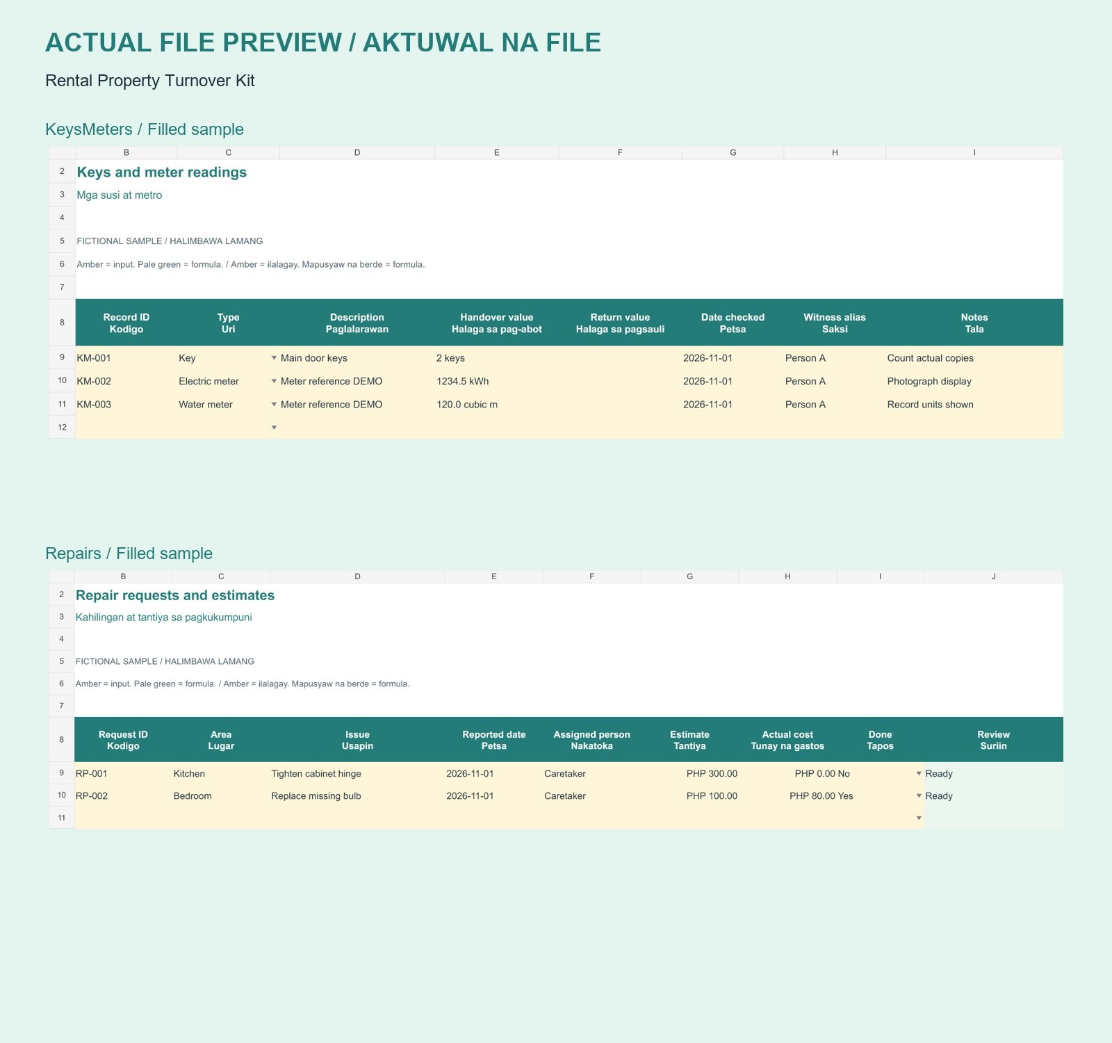 Rental Property Turnover Kit — English + Filipino - actual included file preview